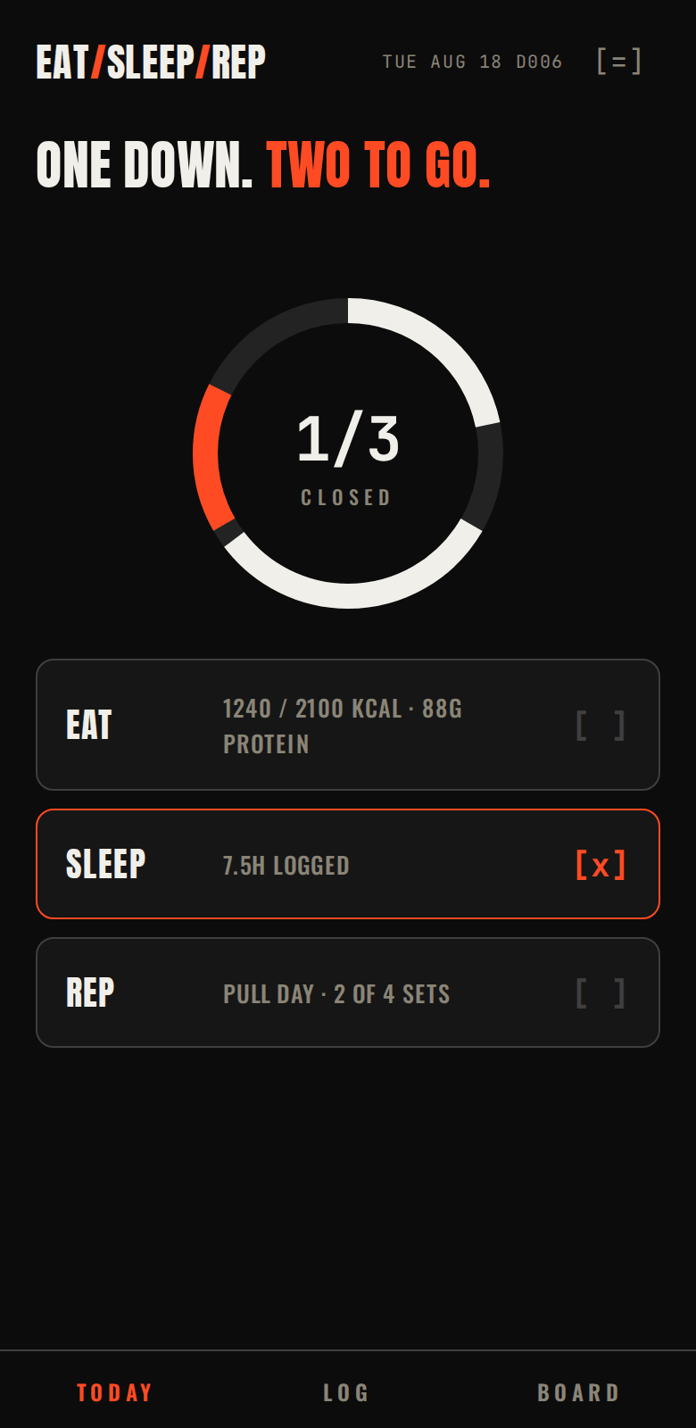 EatSleepRep app — the daily loop with three rings