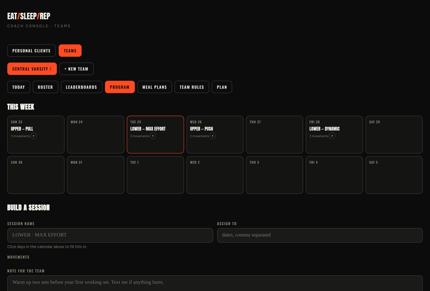 Building a session in EatSleepRep by picking movements and clicking the days it runs